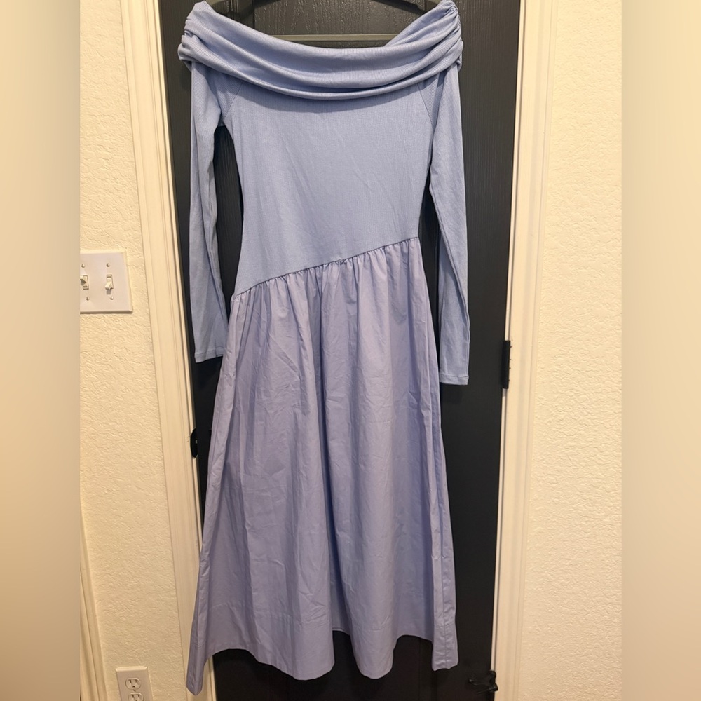 ASTR The Label Mixed Media Off The Shoulder Dress | Blue | Medium - Picture 4 of 7